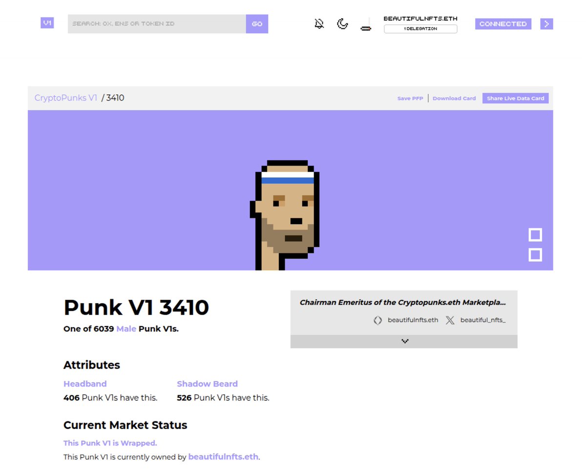 🚨 V1 CryptoPunk Marketplace just leveled up! 🚨

Following Friday’s V2 upgrade, the V1 punks marketplace now also supports Delegation via <a href="/delegatedotxyz/">Delegate</a> + Cancel Bid with flash loans—along with new tools to boost security and improve trading.
v1cryptopunks.com