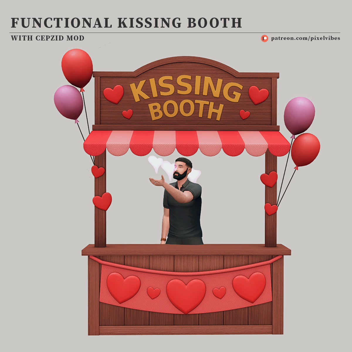 Functional Kissing Booth - at patreon.com/pixelvibes #Sims4 #sims4cc #TS4 #ts4cc #thesims4 #TheSims #maxismatch #maxis #kiss #kissing #s4cc #sims #KissingBooth