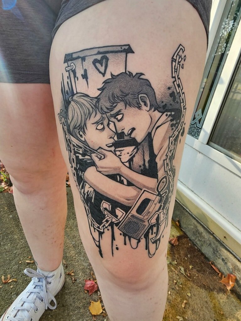 cowboykin's tweet photo. them: you better NOT have yaoi of adam and lawrence from the film saw (2004) tattooed on your leg when i come in there
Me: https://t.co/iCTWzFW3ez