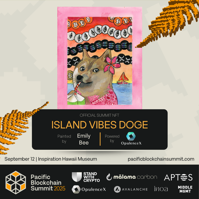 🎨 "Proof of Attendance"  <a href="/PBSummit/">Pacific Blockchain Summit</a> 2025
" ISLAND VIBES DOGE" 1/1 Physical Art by <a href="/emilybee__art/">Emily Beeson</a> is available NOW for Auction on OpulX!

👉tinyurl.com/IslandDogeNFT

The exclusive artwork that perfectly captures the aloha spirit of Hawaii's premier blockchain event - featuring our