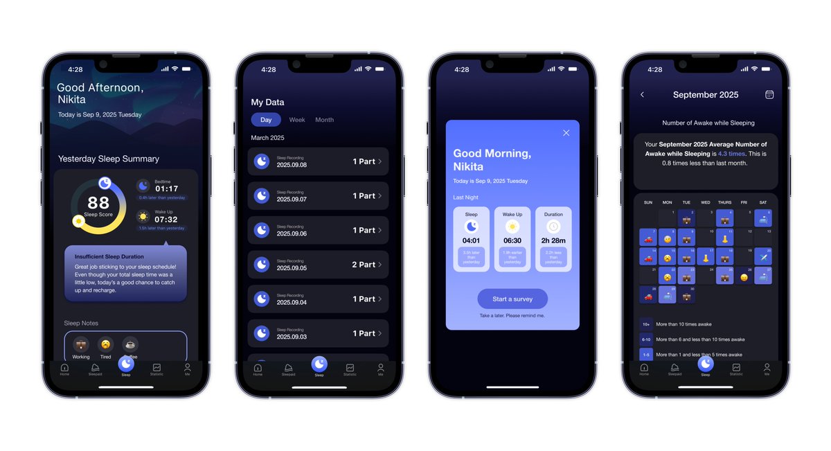 nikitakhowala's tweet photo. Built UI for sleep tracking app, inspired by Sleepy Night.
Had fun designing UI heatmaps to visualize sleep patterns in a more intuitive way.
#UIDesign #UXDesign #ProductDesign #DataVisualization #DesignCommunity #MobileDesign #Figmadesigners https://t.co/NJNDJftFE2
