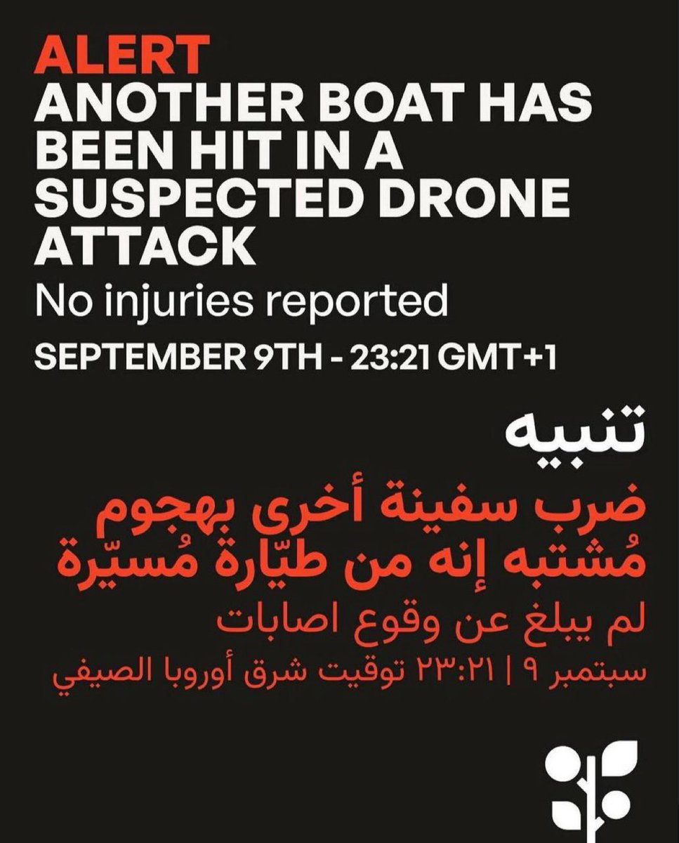 #BREAKING Another vessel in the ‘Sumud’ Gaza Flotilla was reportedly struck by a drone projectile off the coast of Tunisia. No injuries have been reported.