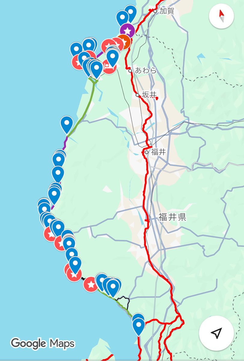 10月の福井海岸沿い街道（敦賀道）歩き旅まであと1か月となったが、まだ道筋確定出来ていない。地図上の赤星マークの多さでお分かり頂けるようにぶっ込み箇所が結構多いのだ。またこの道に関する歴調本や参考書はなさそうなので自分で古地図等を見ながら確定させるしかないが間に合うのか..

#街道歩き