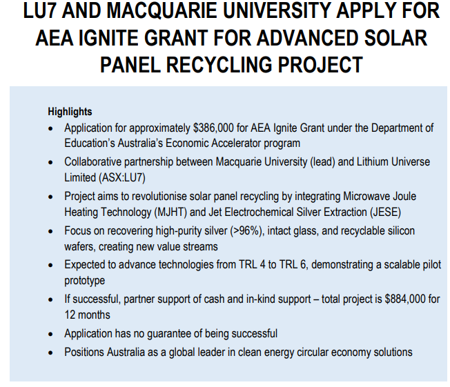 MrShare_expert's tweet photo. #Lu7
LU7 AND MACQUARIE UNIVERSITY APPLY FOR #AEA IGNITE GRANT FOR ADVANCED SOLAR PANEL RECYCLING PROJECT
⚡️#collaboration with #MacquarieUniversity on #silver #extraction from #solarpanels
⚡️Partnership aims to #revolutionise solar panel #Recycling via #MJHT & #JESE
⚡️focus on recovering >96% #silver, intact glass, recyclkablke silicon Wafers #semiconductors
Disclosure: Held
Invest at your own risk & pls DYOR