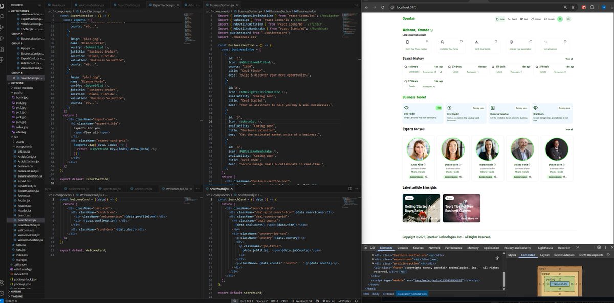 AfolabiYetty's tweet image. React project rendering a business dashboard with multiple components for experts, toolkit, search history, and articles.The code maps over data arrays to dynamically render cards #JavaScriptDaily #100DaysOfCode #reactnative #react #coding #mobiledev #softwaredevelopment #WebDev