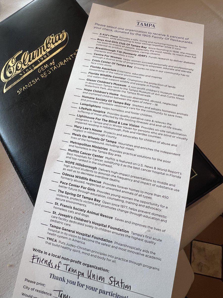 FriendsofTUS's tweet image. Write us in! During September, you can support nonprofit Friends of Tampa Union Station just by dining at any of the locations of the 1905 Family Of Restaurants, including the Columbia Restaurant! They will donate 5% of the check! So please write us in!