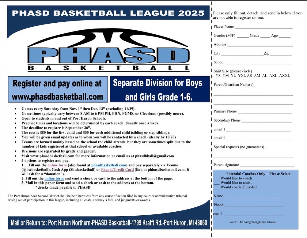Any Yale boy or girl basketball player is encouraged to register for the Port Huron Basketball League. We hope to have a team from Yale for each grade level and gender. Go Dogs!