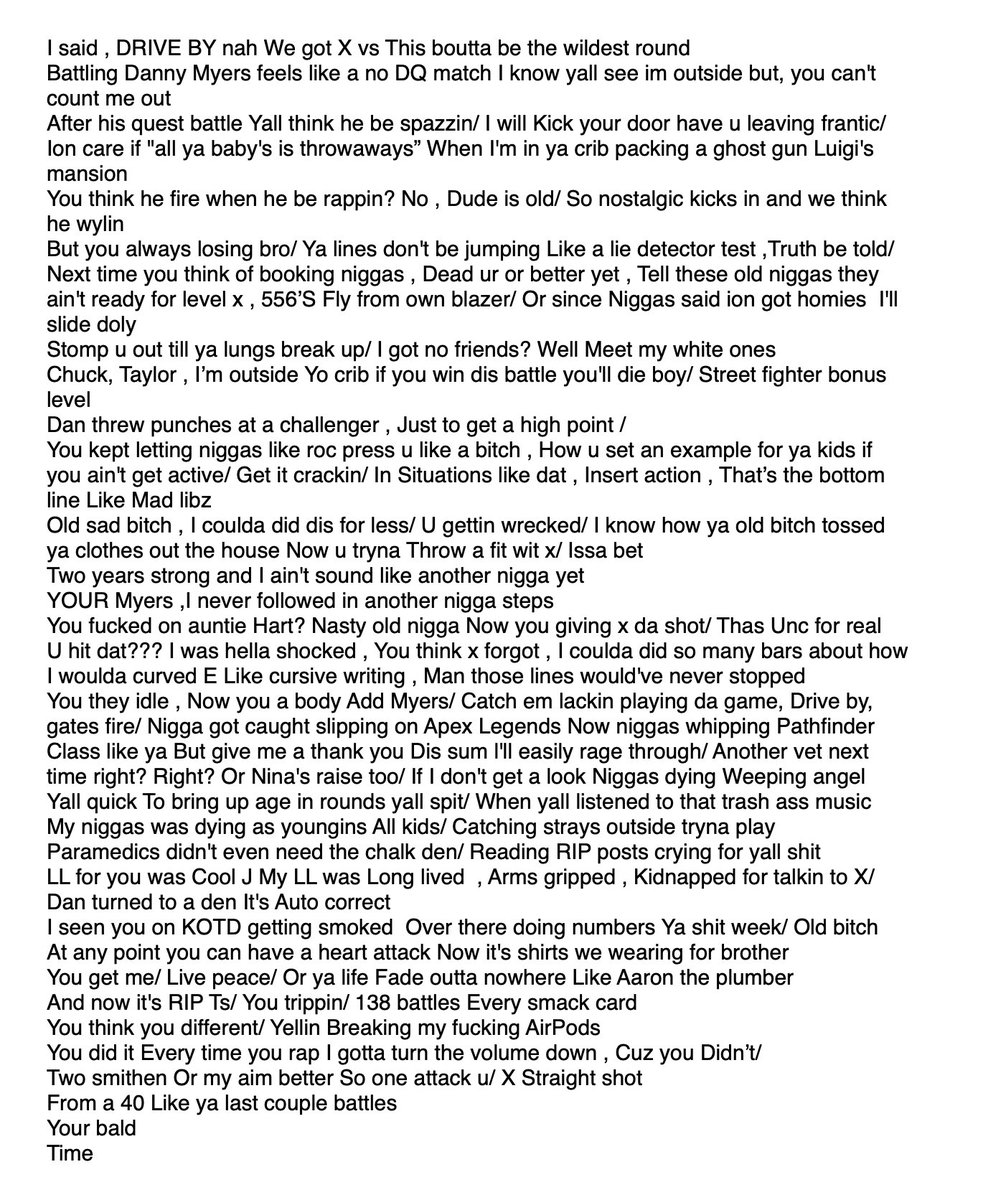 From our Insurrection 6 card ERBL presents :

Danny Myers ( <a href="/metaphormessiah/">DANNY MYERS</a> )  ( left side , went 1st ) 

                                          vs

X Tha God ( <a href="/X_Tha_God/">X Tha God 💫</a> )  ( right side , went 2nd )

Check this 🔥 battle out! LIKE/Repost/Share!
Follow us fore more content!