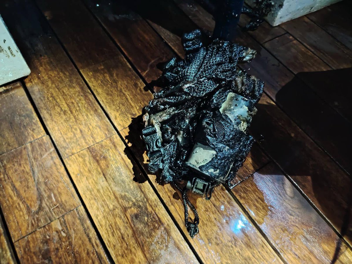 DropSiteNews's tweet photo. Debris from the suspected drone strike that hit the Global Sumud Flotilla’s boat Alma overnight. Nine people were onboard; no casualties reported. https://t.co/6Oq4apzrJC