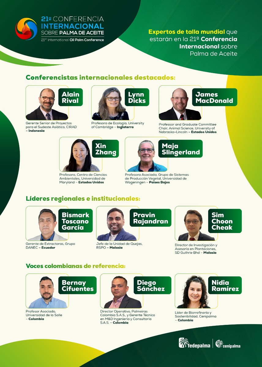 🌍 La #21ConferenciaInternacional reunirá conferencistas imperdibles que marcarán el futuro de la palmicultura.

📅 23 al 25 de septiembre
📍 Cartagena de Indias
👉 Asegura tu cupo aquí: fedepalma.org/conferenciaint…
