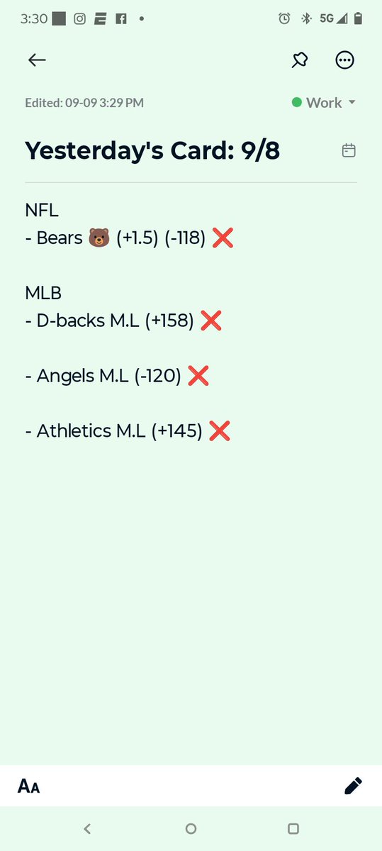 PICKS LAURENT (@pickslaurent) on Twitter photo Yesterdayβs Card (9/8) β
π NFL
π» Bears +1.5 (-118) β
βΎ MLB
πΊ D-Backs M.L (+158) β
π Angels M.L (-120) β
βοΈ Athletics M.L (+145) β
Tough day, but we bounce back stronger πͺπ
On to todayβs card π₯
β’
β’
β’
#NFL #MLB #GamblingTwitter #SportsPicks #SportsBetting Yesterdayβs Card (9/8) β
π NFL
π» Bears +1.5 (-118) β
βΎ MLB
πΊ D-Backs M.L (+158) β
π Angels M.L (-120) β
βοΈ Athletics M.L (+145) β
Tough day, but we bounce back stronger πͺπ
On to todayβs card π₯
β’
β’
β’
#NFL #MLB #GamblingTwitter #SportsPicks #SportsBetting