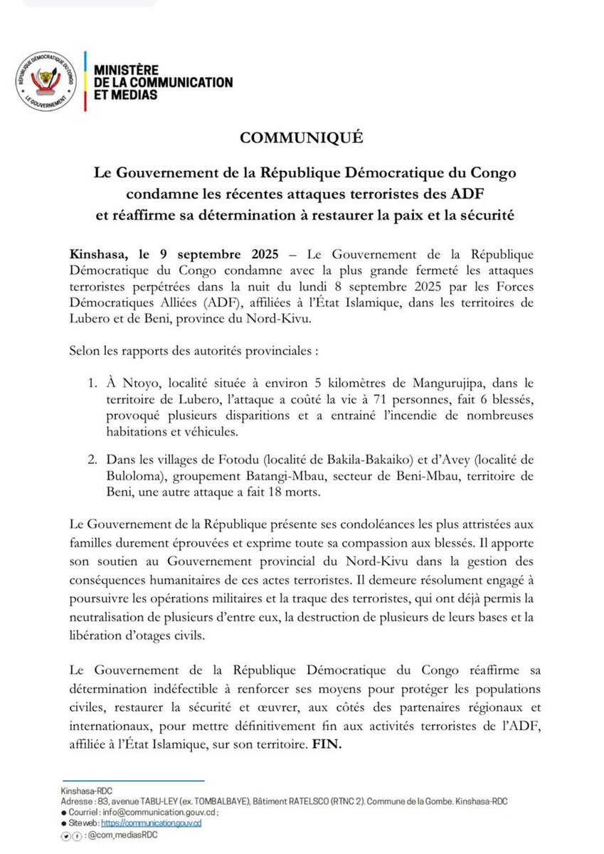 #RDC : « Le Gouvernement réaffirme sa détermination indéfectible à renforcer ses moyens pour protéger les populations civiles, restaurer la sécurité et œuvrer, aux côtés des partenaires régionaux et internationaux, pour mettre définitivement aux activités terroristes de l’Adf