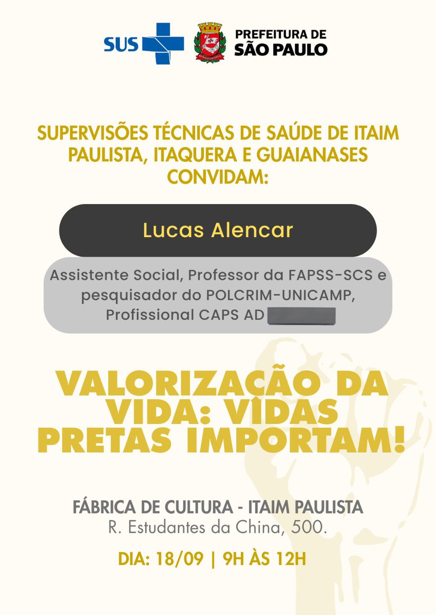 No dia 18 de setembro, estarei com a galera da rede de atenção psicossocial da zona leste, conversando sobre violência policial e encarceramento.