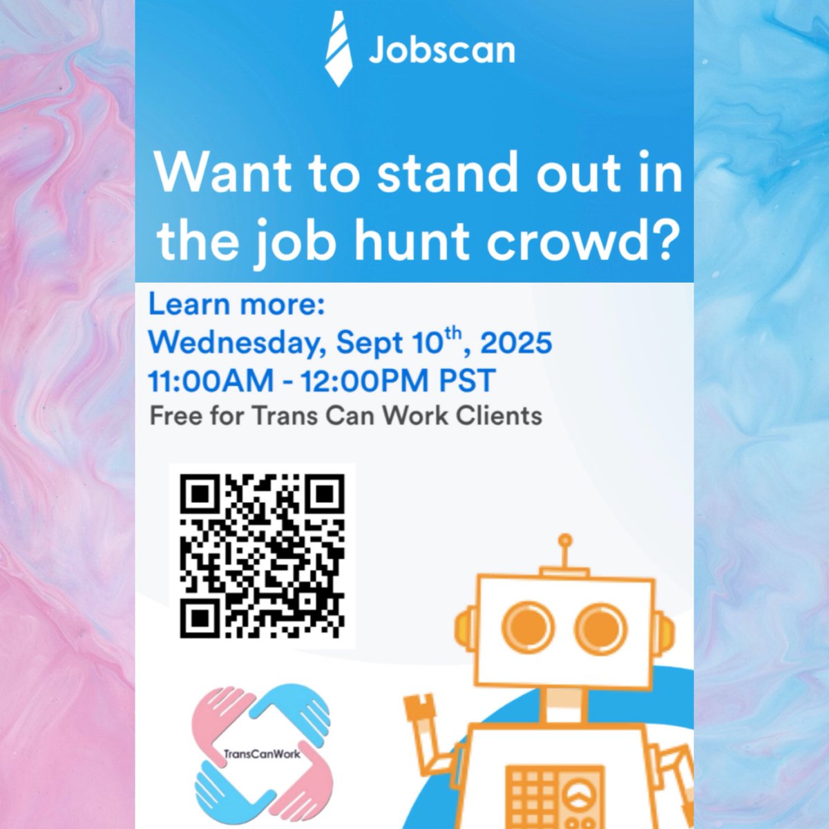 TransCanWork's tweet image. JOIN US TOMORROW: You want to stand out during your job search? Join #TransCanWork for an amazing webinar at 11AM. Learn about recruiter tech, its impact &amp;amp; how AI tools can boost your job search. Sign up using the QR code.