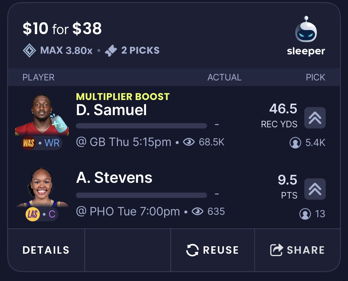 EVBettors's tweet photo. Sleeper, Deebo discount is VERY good 🤑

Built on stream, still live. Tap in here: https://t.co/IGO5uS0Gcq

$100 sign-up bonus on Sleeper for new users here: https://t.co/lXSDzbDZHR - my refer a friend code is "ALEX" https://t.co/dj2Z2tvLbX