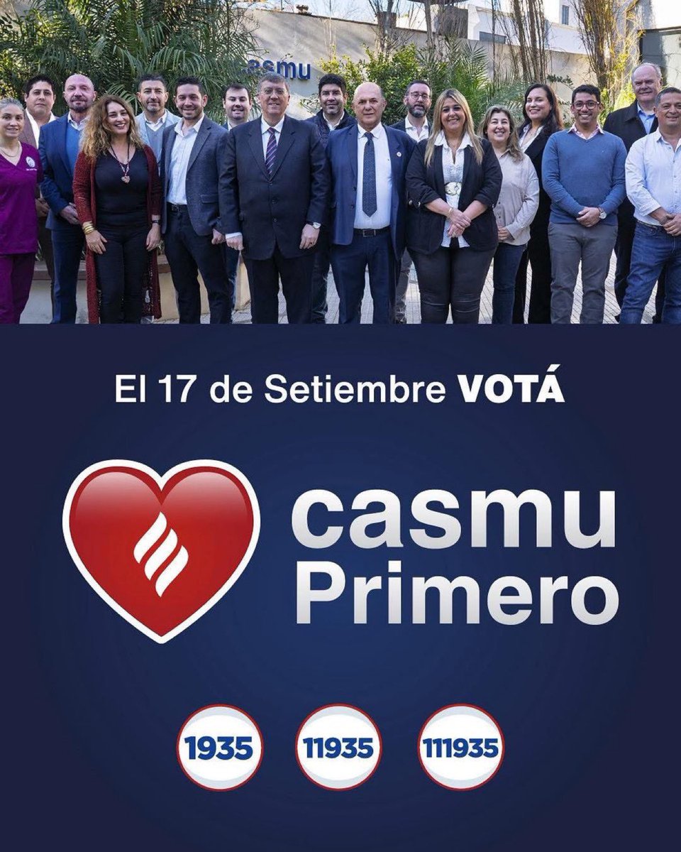 💙❤️ Este 17 de setiembre elegimos el futuro de nuestra mutualista.

En CASMUPRIMERO defendemos lo que construimos: más obras, más servicios y un CASMU fuerte frente a quienes lo quieren de rodillas.

👉 Por un presente estable y un futuro seguro, CASMU necesita tu voto.