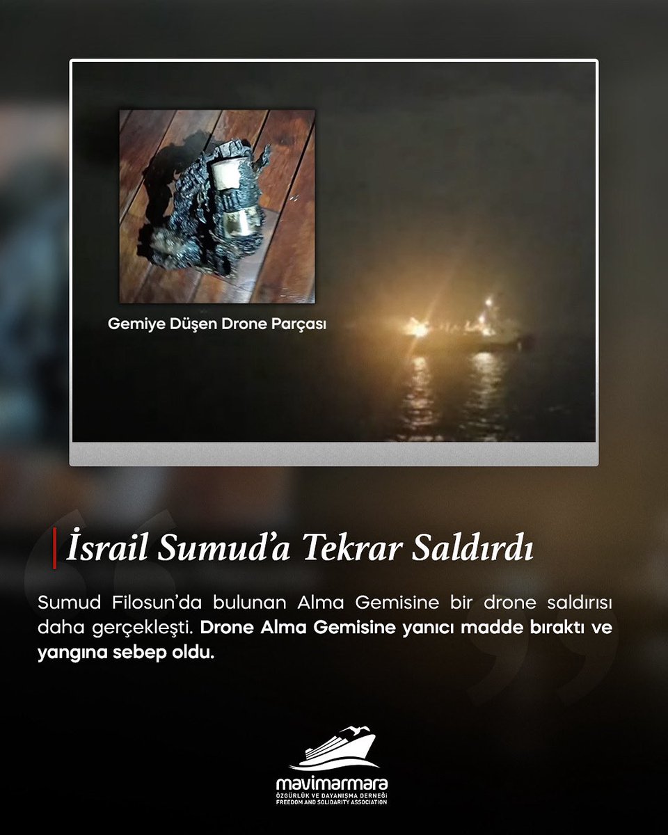 🚨İşgalci İsr*il Sumud Filosu’nun yine en büyük gemilerinden biri olan Alma Gemisi’ne drone saldırısı gerçekleştirdi❗️

İşgal rejminin bu gözü dönmüş saldırılarına karşı tüm vicdan sahibi herkesi Sumud Filosu’na destek vermeye davet ediyoruz!
