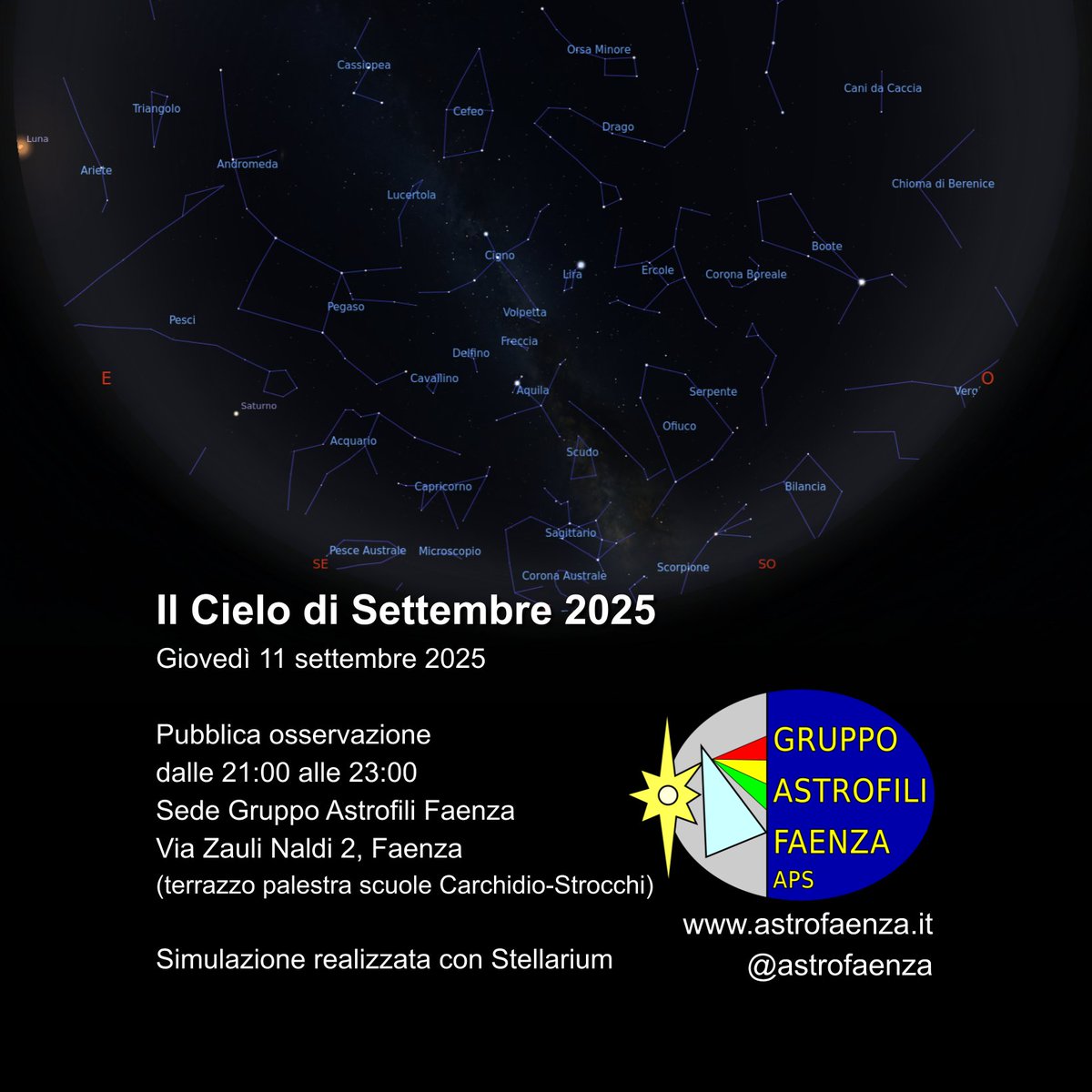 Giovedì 11 settembre alle 21 ci troviamo in via Zauli Naldi 2 a #Faenza per osservare #Saturno, la #Luna ed altre meraviglie del #cielo autunnale con i nostri #telescopi e #binocoli

Ingresso libero e #gratis, non mancare!
Info: mobilizon.it/events/21d8165…

#astronomia #romagna