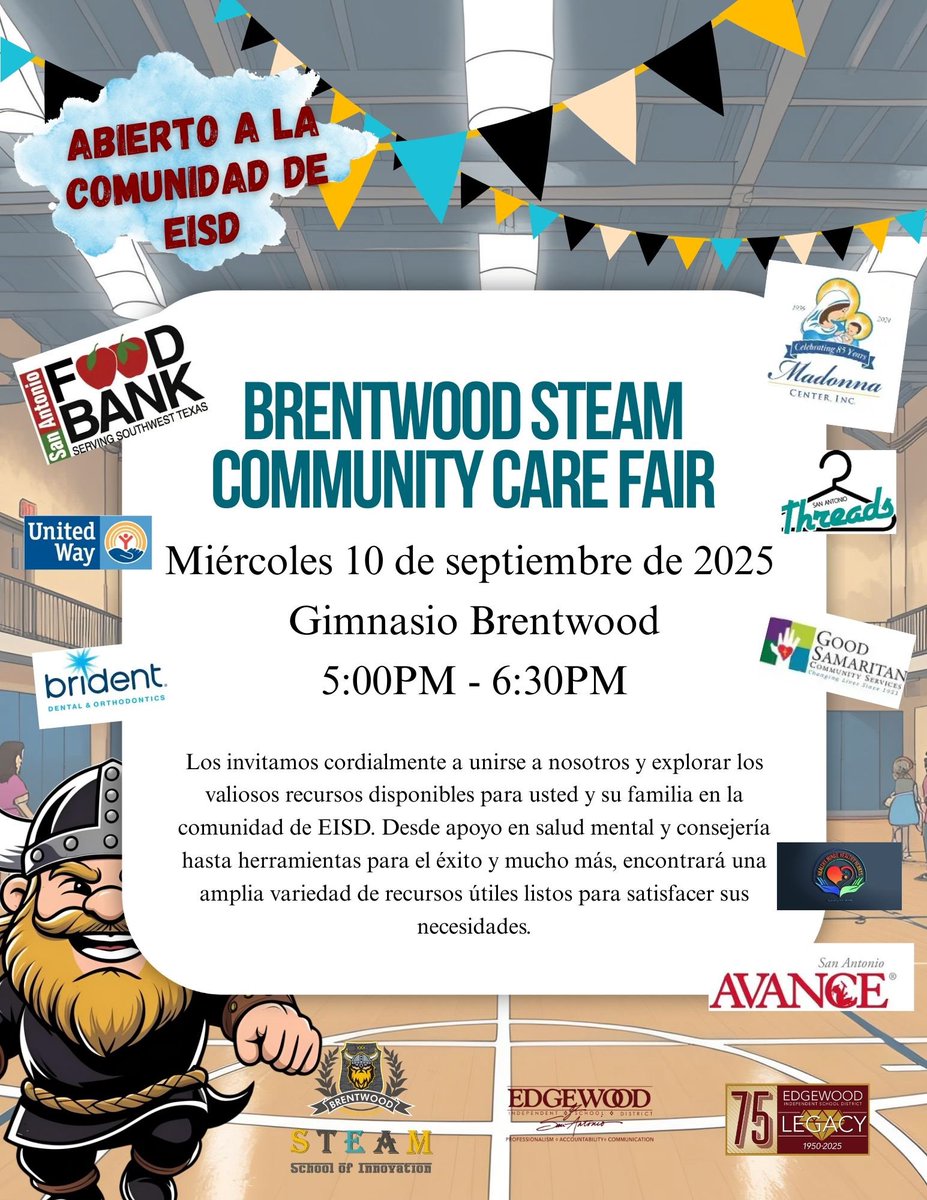 🌟 Join us at the Brentwood STEAM Community Care Fair! 🌟
From mental health &amp; counseling to tools for success, come connect with resources that support our families &amp; community. 💙
📍 Brentwood STEAM
📅 9/10 | 🕒 5:00pm
#CommunityCare #EISD
<a href="/EISDofSA/">Edgewood ISD</a> <a href="/EISDPDofSA/">Edgewood ISD PD</a> <a href="/EISDSpecial/">EISD Special Education</a>