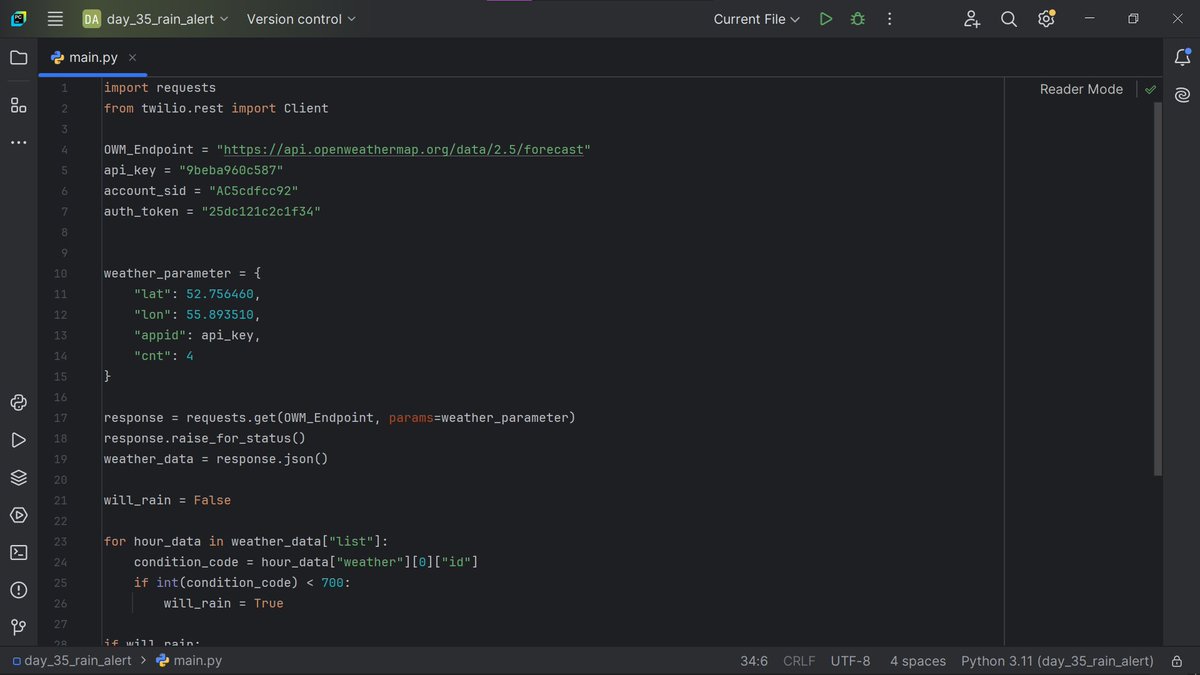 bluedev_py's tweet image. Day 35/100 – Intermediate+
> Learned API Keys, Authentication, Environment Variables & SMS with Python
> Built a Rain Alert App that Sends Morning Text Notifications 🌧️📱
#100DaysOfCode
#pythonprogramming
#pythononlinetraining