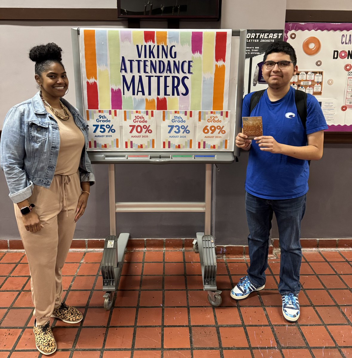 100 Viking students achieved perfect attendance during the initial 3 weeks of school! Students were rewarded with a snack during lunch period. Students were also entered into a drawing for a $25 Visa gift card presented by Principal Glover &amp; our winner was George Mueller, Jr.