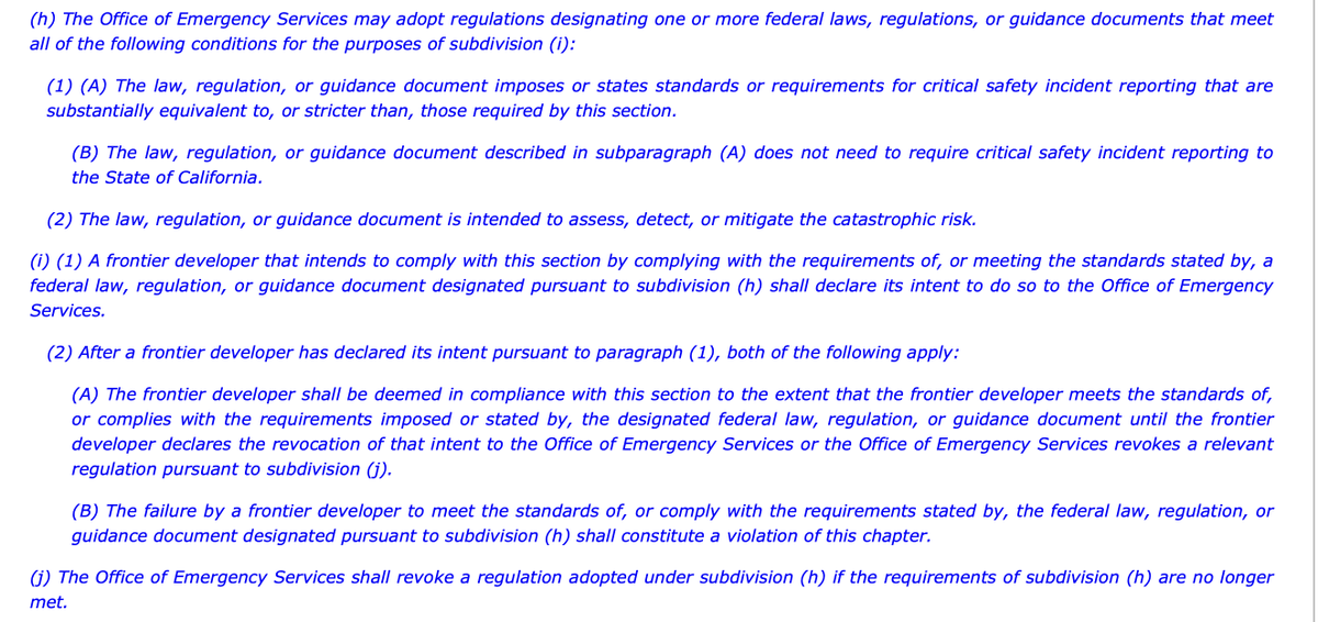 it is rare that a state law introduces a genuinely novel legal mechanism, but the latest version of California's frontier AI safety bill, SB 53, does just that. 

the screen cap below outlines a mechanism whereby the state government can designate a federal law, regulation, or