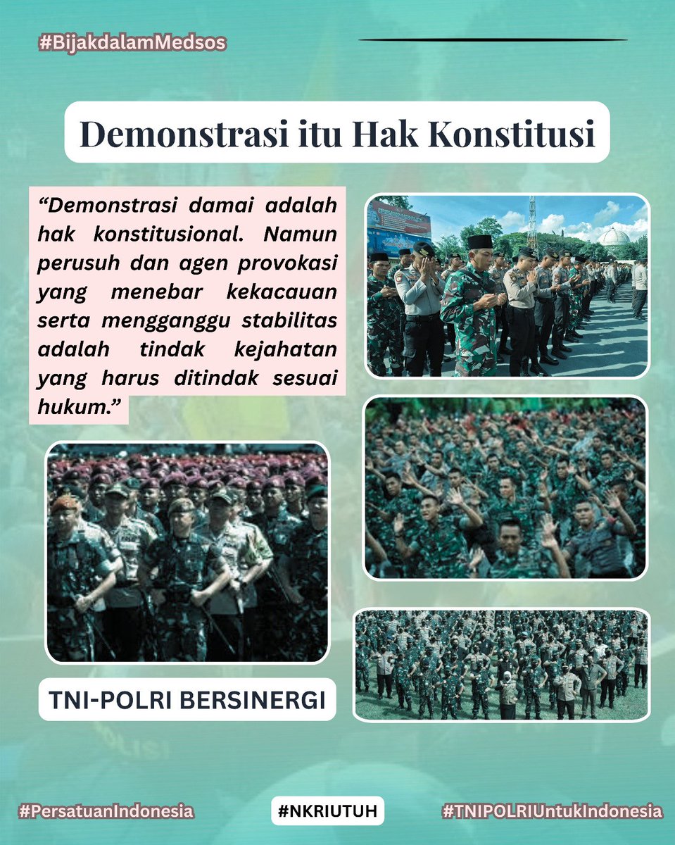 hansputrat16602's tweet photo. Sinergi TNI–POLRI menegakkan hukum dan menjaga stabilitas dg melindungi hak warga berunjuk rasa damai sekaligus menindak tegas perusuh demi ketertiban dan keamanan nasional.

#TNI #lawanhoax #melindungi #prorakyat #menjagakeamanan #fyp #viral #trend #baik #zonauang #Qatar #fakta https://t.co/KH0L2Ohe2o