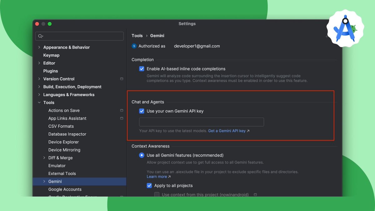 AndroidStudio's tweet image. 🔑 Unlock even better Agent Mode responses in Gemini for Android Studio → goo.gle/3TQh8JW 

Add your Gemini API key to expand the context window up to 1 million tokens and get higher quality results.