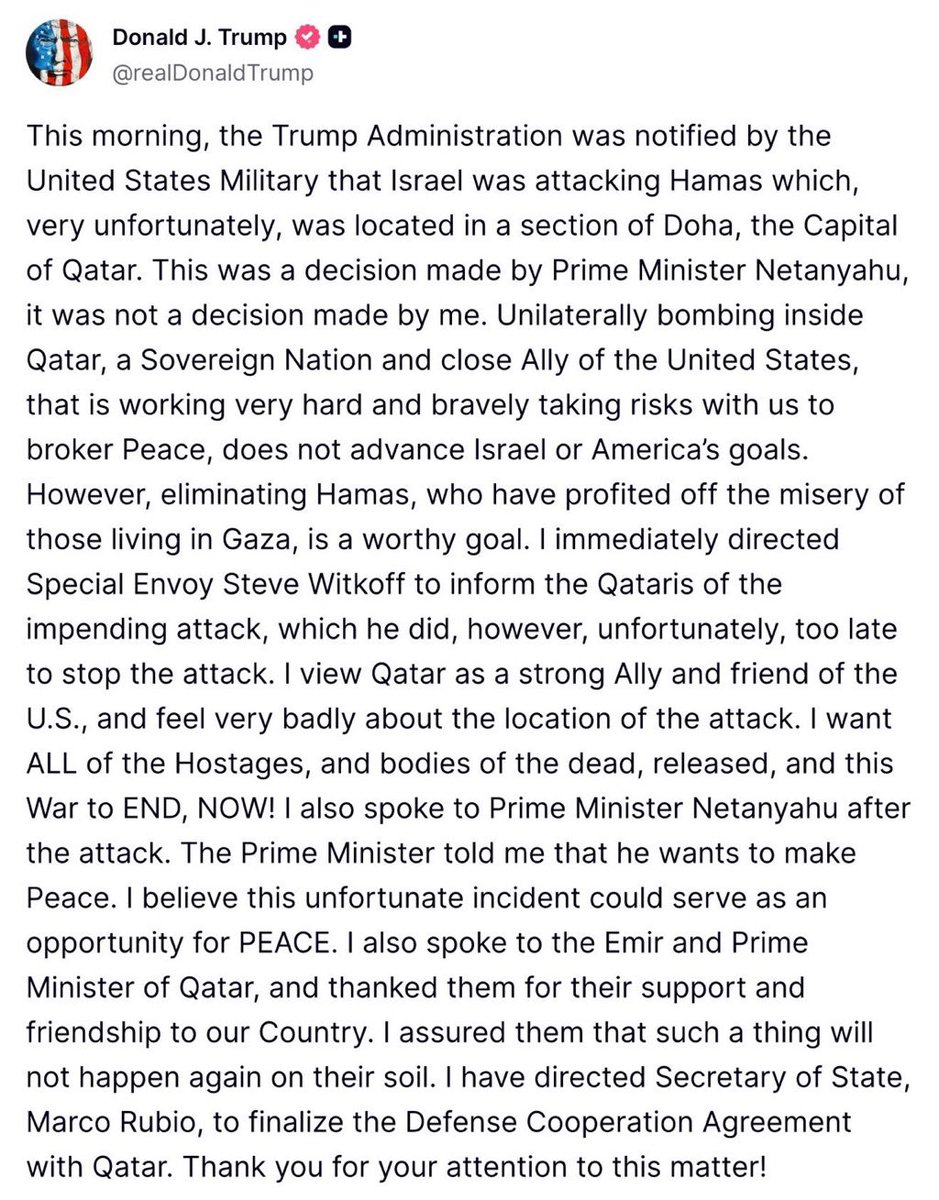 HalaJaber's tweet photo. ⚠️ Trump says Israel’s bombing of Hamas inside Doha wasn’t his decision, yet in the same breath calls it a “worthy goal.” You can’t have it both ways: either it’s reckless, or you endorse it. Either way, Washington is complicit. https://t.co/HvgxL9DuTK