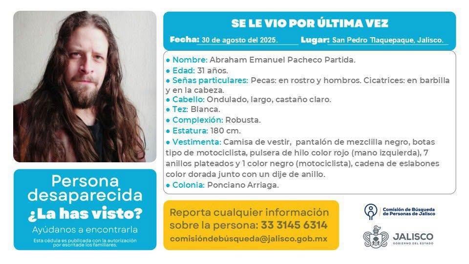Jnlomeli's tweet image. 1.✍️ Lo que sé de Abraham

📍 Sé que Abraham Emmanuel Pacheco Partida de 31 años desapareció el sábado 30 de agosto en la colonia Ponciano Arriaga en Tlaquepaque tras salir de la casa de su madre a las dos y media de la tarde.

Abro 🧵