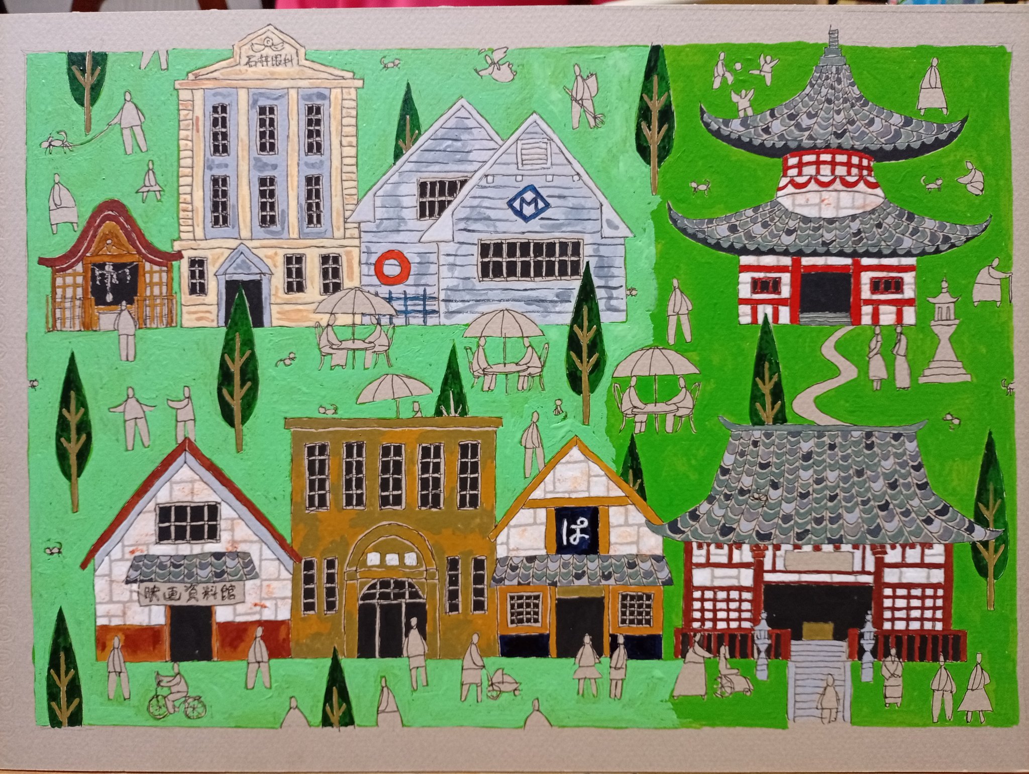 奥村ユズル　水彩画原画　ドイツ古城街道のカフェ 奥村ユズル水彩画原画ドイツ古城街道のカフェ