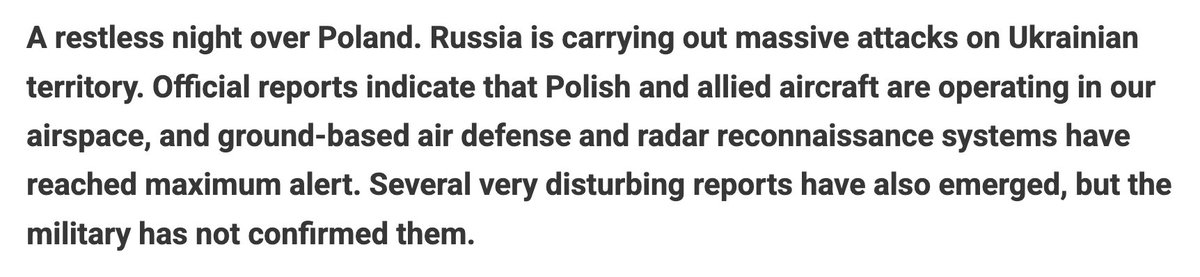 Still no confirmation from Polish sources on russian drones entering the country's airspace.

Polish outlet FAKT reports that "several very disturbing reports have emerged, but the military has not confirmed them"

fakt.pl/wydarzenia/nie…