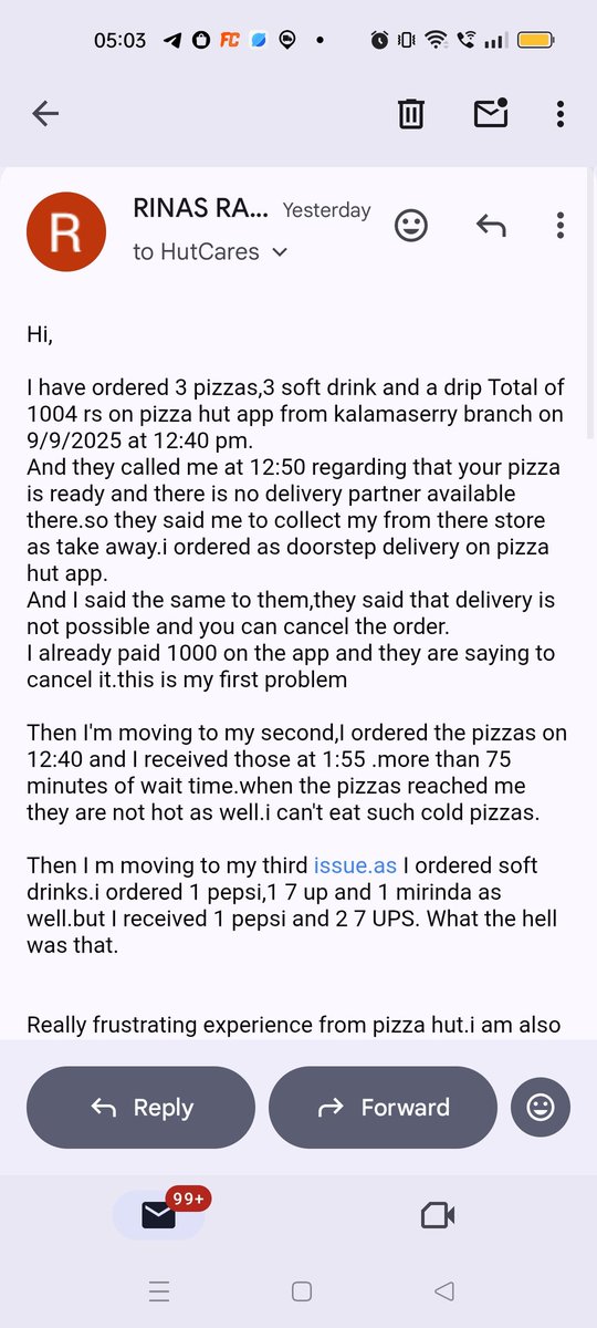 RafeequeRinas's tweet photo. Yesterday I faced an issue with delivery,and there is no reply from customer service as well.....worst pizza app https://t.co/9uoJy9Igws