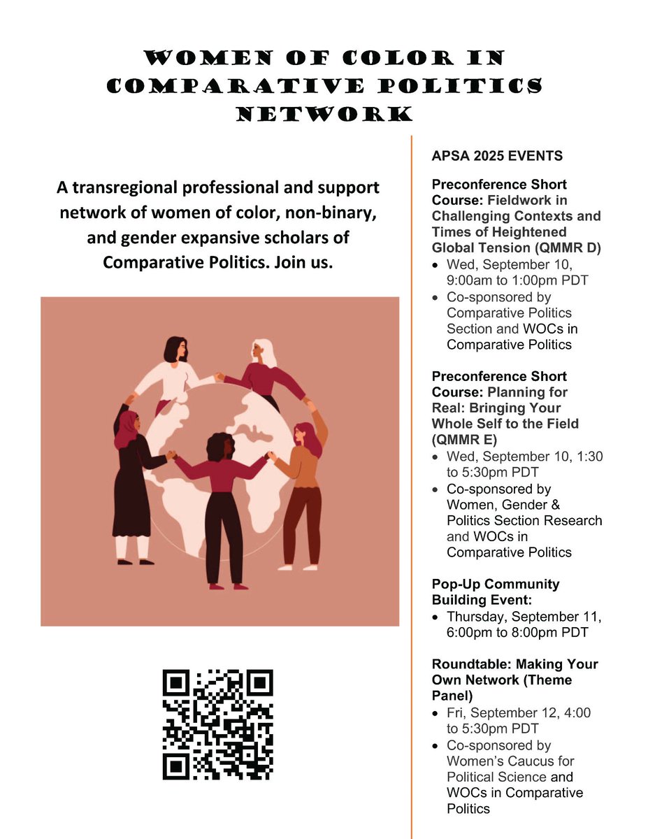WomenofColorinComparativePolitics @ #APSA2025 WedShortCourses: FieldworkinChallengingContexts&amp; Times (AM) &amp; PlanningforReal (PM)
ThursdayPop-UpEvent: 6-8pm(DM <a href="/RobinLTurnerPhD/">Robin L Turner, PhD</a> <a href="/nerminallam/">Nermin Allam</a> <a href="/EricaTownsendB4/">Erica Townsend-Bell</a> or me for location)
FridayThemePanel: MakingYourOwn NetworkRoundtable, 4pm