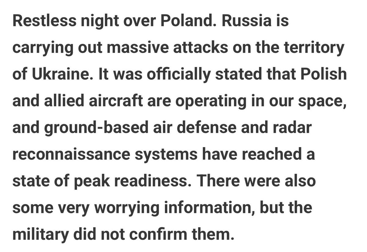 The Polish daily newspaper Fakt: “Restless night over Poland. Russia is carrying out massive attacks on the territory of Ukraine. It was officially stated that Polish and allied aircraft are operating in our space, and ground-based air defense and radar reconnaissance systems