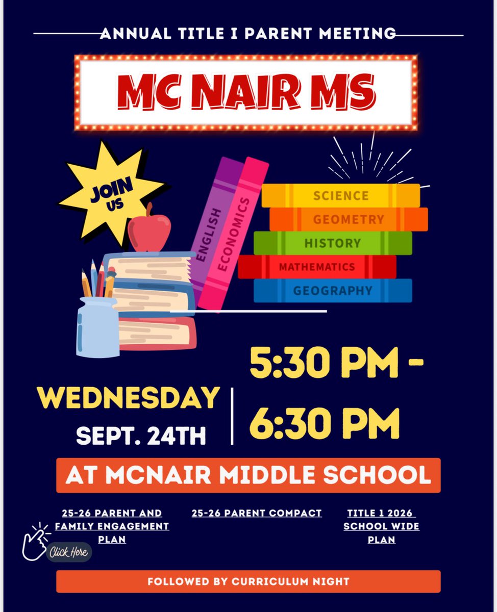 Join us! We’d love to have you! Annual Title I Parent Night followed by Open House. 🏠 Wednesday, September 24 @ 5:30! See you there! 📚✏️ <a href="/FultonCoSchools/">FultonCountySchools</a> <a href="/McNair_fcs/">McNair Middle School</a> <a href="/CherisseCamp/">Cherisse Campbell, Ed.D</a> @TaccaraRei <a href="/AP__Berry/">Eboni Berry</a>