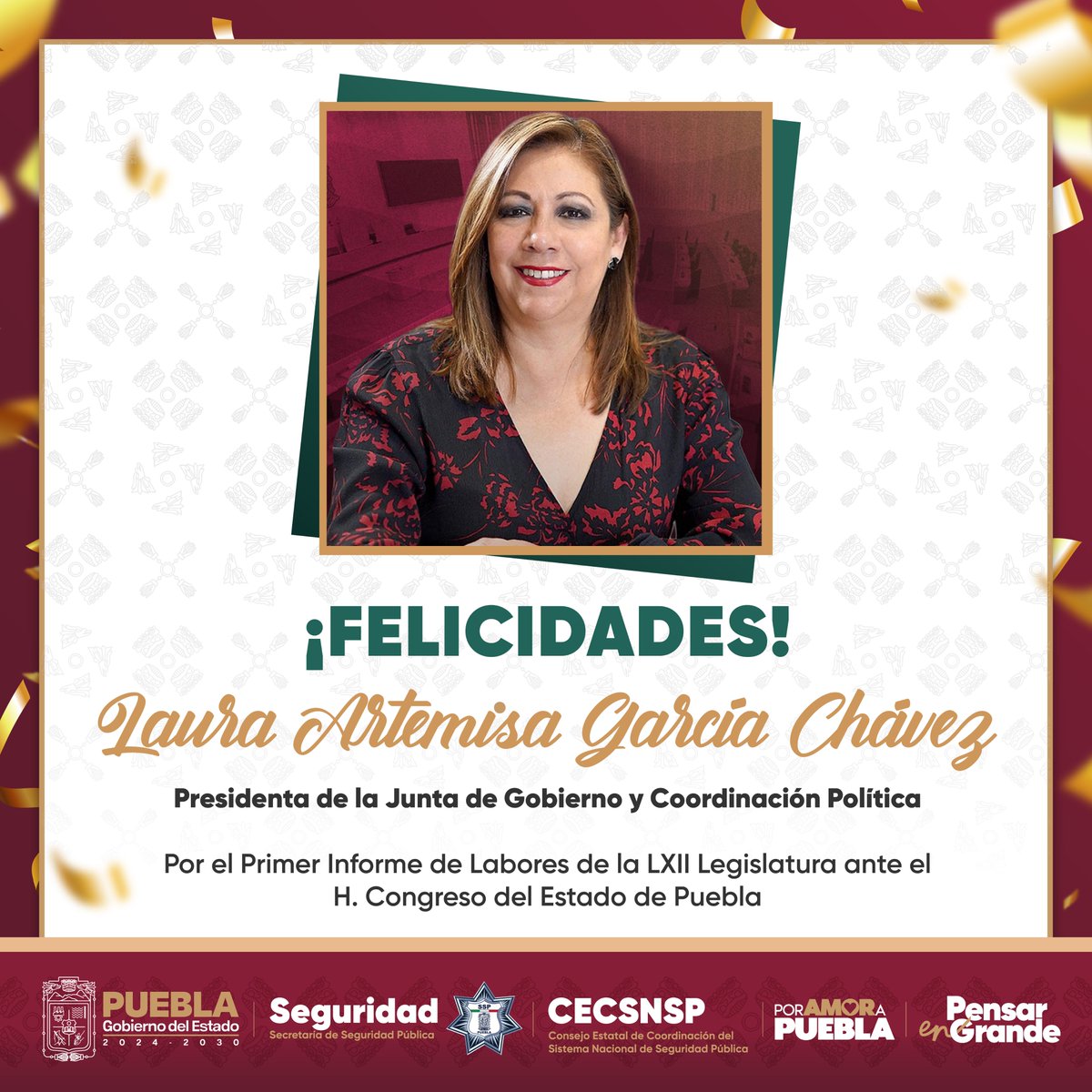 Extendemos nuestro reconocimiento a <a href="/artemisa_laura/">Laura Artemisa Oficial</a>, presidenta de la Junta de Gobierno y Coordinación Política, por la presentación del Primer Informe de Labores de la LXII Legislatura ante el <a href="/CongresoPue/">H. Congreso de Puebla</a> y el mandatario <a href="/armentapuebla_/">Alejandro Armenta</a>.  

#PorAmorAPuebla #PensarEnPuebla