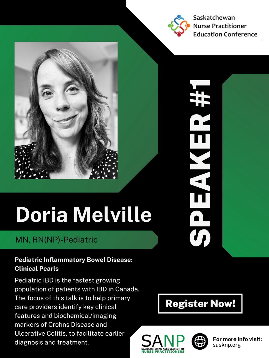 NPEC 2025 Spotlight:

Doria Melville, MN, RN(NP)-Pediatric 
Presentation: Pediatric Inflammatory Bowel Disease - Clinical Pearls

Register for the only SK NP Education Conference on our website!