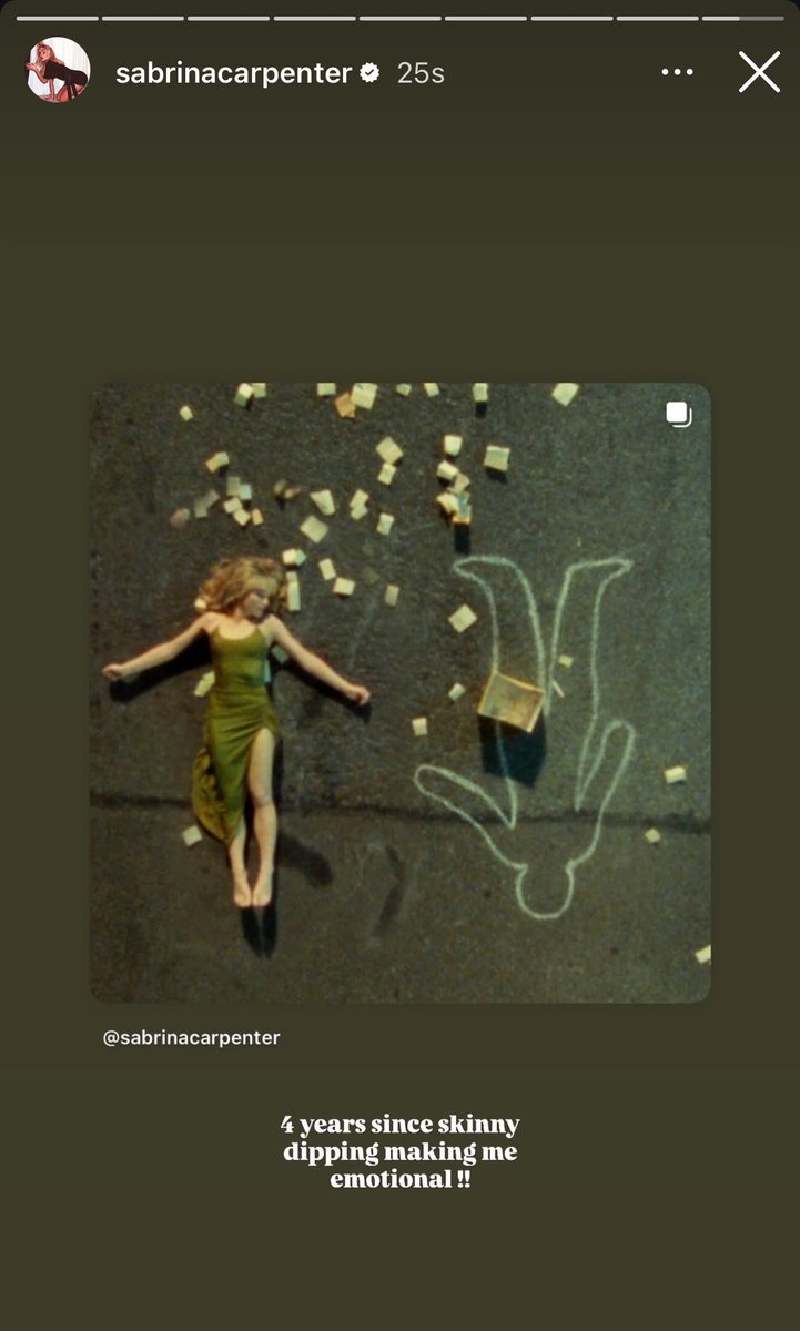 LEMBROU! Sabrina Carpenter via Instagram Story.

“4 anos desde ‘Skinny Dipping’ está me deixando emocionada!!”