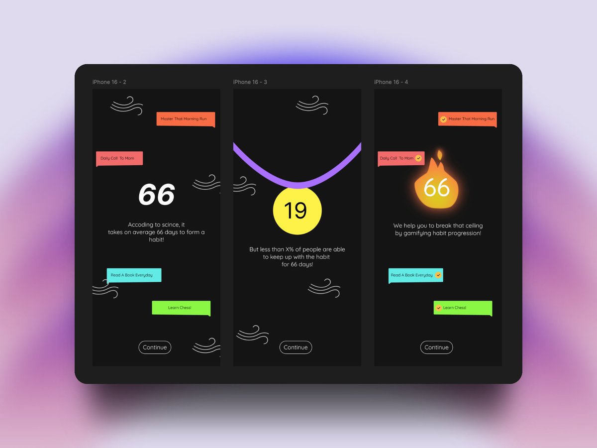 Rethinking some of the onboarding flow screens ui/ux for the habit tracker :) And yes, there'll be nice animations here 😁

Features for initial release are almost done and now focusing on revamping the whole ui/ux to the limit. Let's see what I can come up with🙌

#shipaton