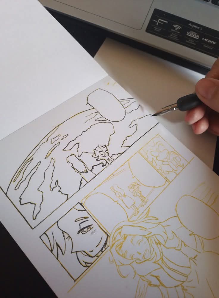 PollosSantos's tweet photo. Tarde de clases y de trabajar en el entintado.
Y también estoy haciendo esta práctica para un video para mi canal de YouTube.
Puntos extras si adivinas de que manga es la página 

#mangadrawing #mangaart #mangastyle #tradicionalart #traditionalmediaart #enproceso https://t.co/o96UqRXj8f