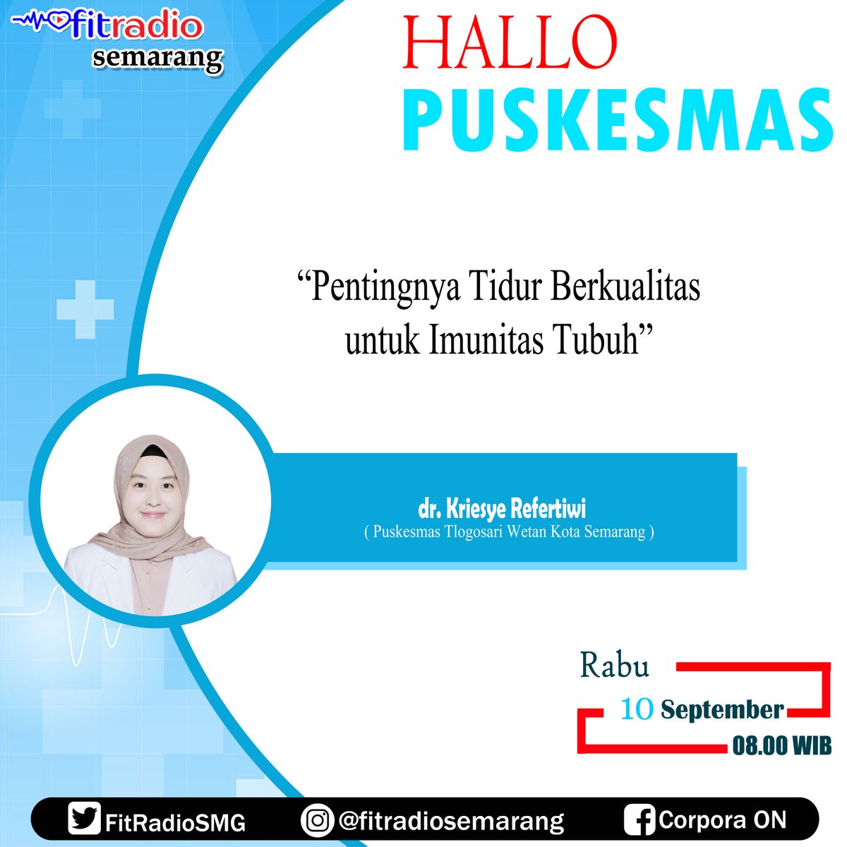 Pentingnya Tidur Berkualitas untuk Imunitas Tubuh
Jangan terlewatkan Hallo Puskesmas Jam 08.00 WIB 
Bersama @puskesmas_tlogosariwetan Semarang
WA SMS 0811 811 9570

#puskesmas #dokter #hallopuskesmas #rabu #stayfit #kesehatan #imunitas #tidur #radiokesehatan #september