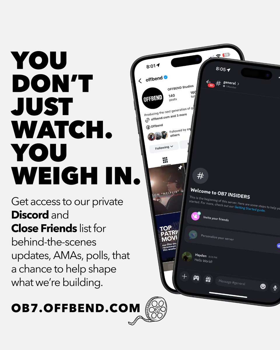 Imagine having a backstage pass to a movie studio. That’s OB7.

Our members get into private Discord chats, exclusive Close Friends stories, early previews, and even vote on what we make next.

🎥 Sign up today at OB7.Offbend.com