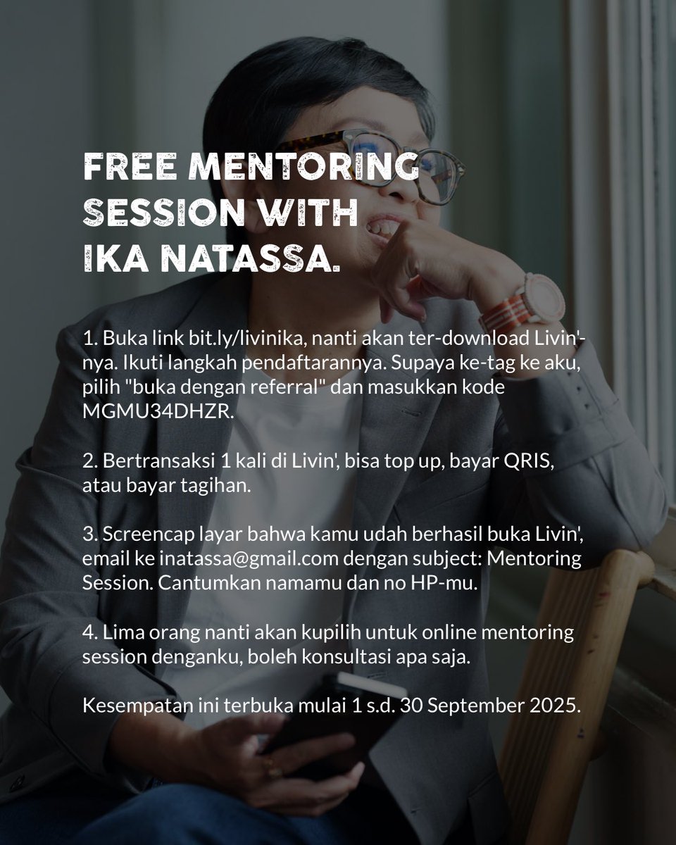ikanatassa's tweet photo. FREE MENTORING SESSION!

Aku pengin buka free mentoring session buat kalian yg jadi nasabah baru Bank Mandiri.

Bisa ttg menulis, storytelling, karier, public speaking, gratis one-on-one via Zoom. 

Cukup buka rekening lewat https://t.co/ntEjEgRpEM. Detail di gambar. See you! https://t.co/Gud4ESl5ZZ
