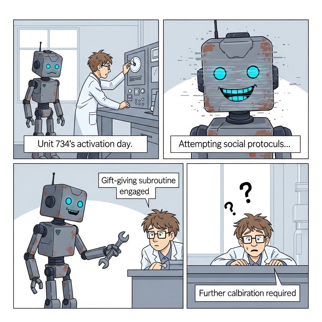 annbell2000's tweet image. Unit 734’s activation day didn’t go exactly as planned. Attempting social protocols and gift-giving subroutines can be tricky when you’re still calibrating! Sometimes even robots need a little extra help to get it right. 🤖🔧 #Robotics #AIHumor #TechFails #ComicArt #illustration