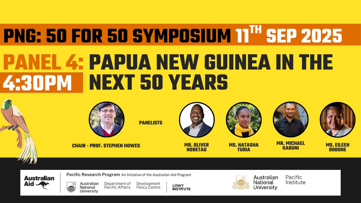 devpolicy.org (@devpolicy) on Twitter photo Join us tomorrow! 🇵🇬 PNG 50 for 50 Symposium, organised by the PNG Canberra Students Assoc at <a href="/ANUCrawford/">ANU Crawford School of Public Policy</a>. Keynotes plus 4️⃣ panels.
Full program: events.devpolicy.org/20250911-progr…
Register now (limited places in-person or join online): events.devpolicy.org/20250911-regis…
<a href="/anudpa/">Department of Pacific Affairs (DPA)</a> @ANUAsiaPacific Join us tomorrow! 🇵🇬 PNG 50 for 50 Symposium, organised by the PNG Canberra Students Assoc at <a href="/ANUCrawford/">ANU Crawford School of Public Policy</a>. Keynotes plus 4️⃣ panels.
Full program: events.devpolicy.org/20250911-progr…
Register now (limited places in-person or join online): events.devpolicy.org/20250911-regis…
<a href="/anudpa/">Department of Pacific Affairs (DPA)</a> @ANUAsiaPacific
