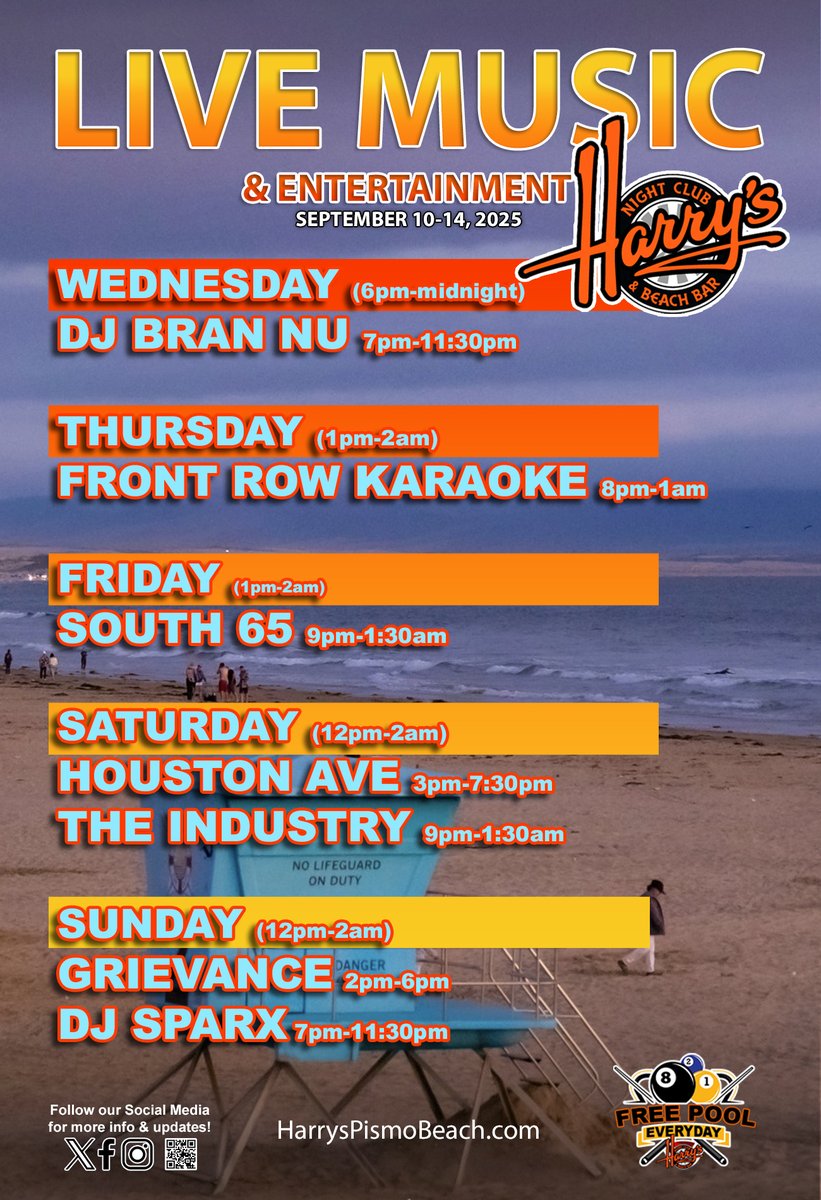 HarrysPismo's tweet photo. Harry's Night Club &amp; Beach Bar: Harry's Live Music &amp; Entertainment September 10-14... https://t.co/iA4b1wpbGZ https://t.co/jDa4J0rHH1