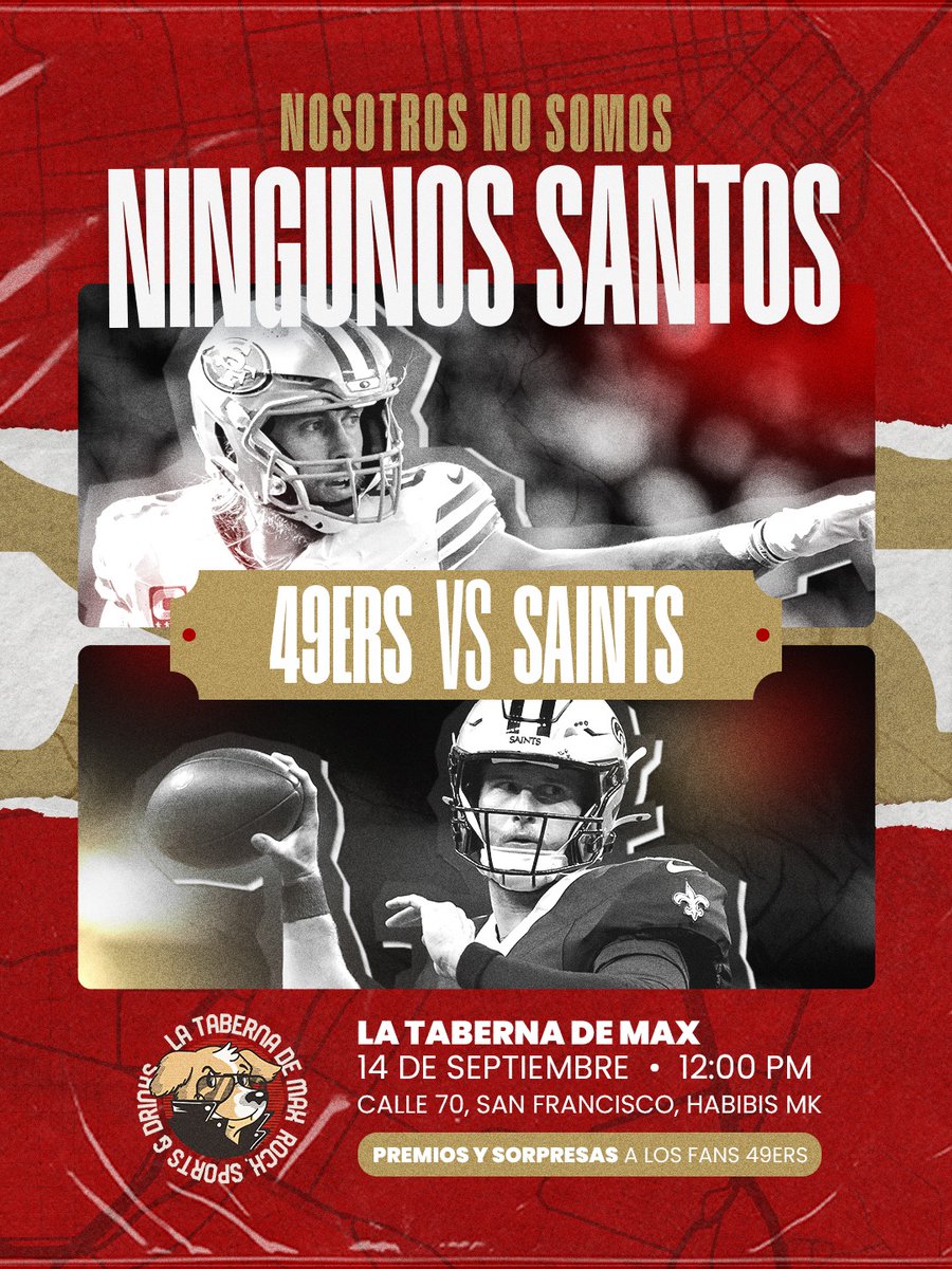 ¡Faithful Panamá, nos vemos este domingo en La Taberna de Max!
Vamos a volver a llenarla de rojo y dorado ❤️💛

Calle 70, San Francisco, arriba de Habibis
14 de septiembre
Desde las 12:00 medio día a alentar a los Niners

 Todos invitados… menos Jake Moody 😅

#GoNiners #49ers