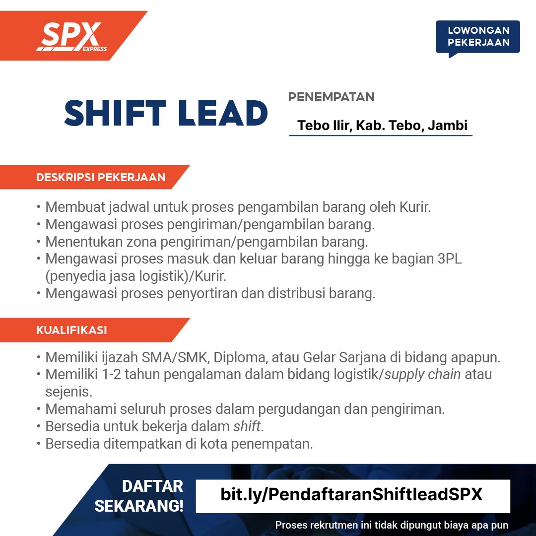 iceopennetworkk's tweet image. 📦 SPX Express membuka lowongan untuk penempatan Jambi! 🚚
Tertarik bergabung &amp;amp; berkontribusi dalam pelayanan logistik terbaik Shopee?
Daftar via 👉 bit.ly/PendaftaranShi… atau WA CV ke 085162612459.
Hanya kandidat terpilih yang akan dihubungi.
#LokerJambi #ShopeeExpress