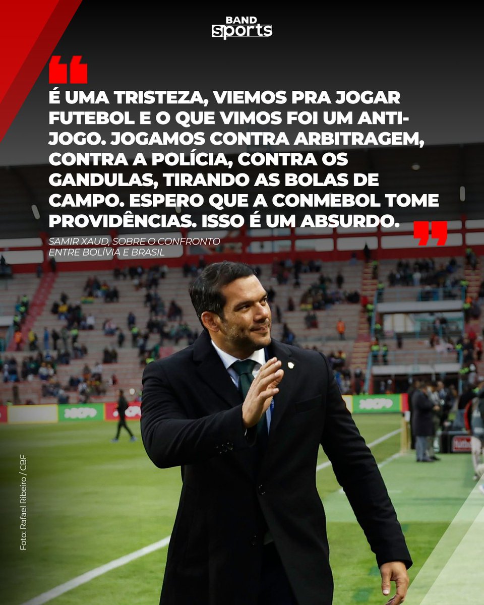 bandsports's tweet photo. O CHEFE TÁ NA BRONCA! 🤬 Samir Xaud, presidente da CBF, disparou contra a organização do jogo entre Bolívia e Brasil, afirmando que a Seleção Brasileira foi prejudicada em diversos aspectos.

#BandSports #Brasil #Eliminatórias #Seleção #Xaud #Brasil #Bolívia https://t.co/dqFKYSJBPV
